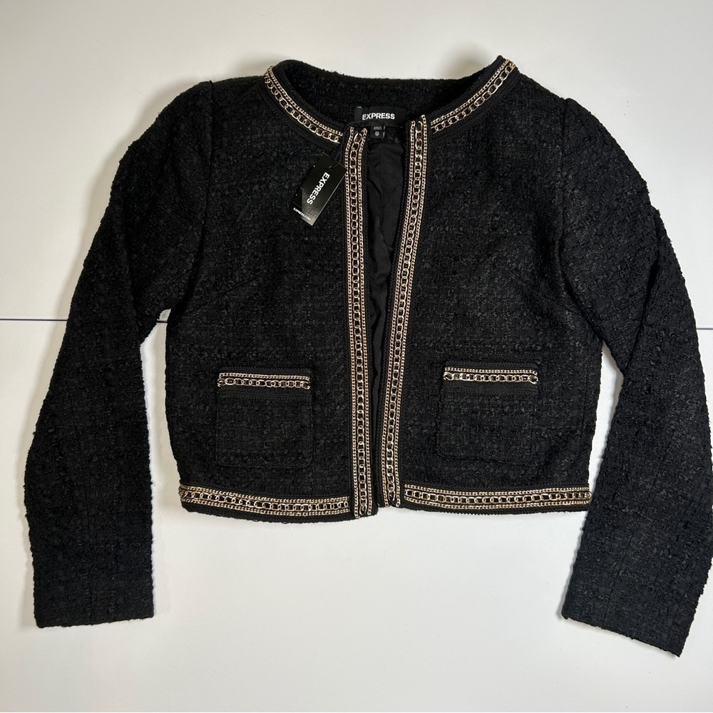 NWT Express Black Gold Tweed Chain Detail Cropped Blazer Size XS